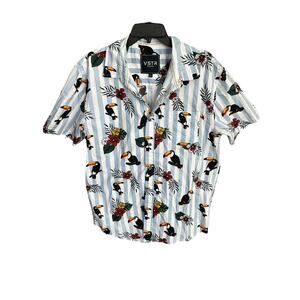 Men’s VSTR Tropical Toucan Floral Striped Button Up Short Sleeve Shirt Size XL